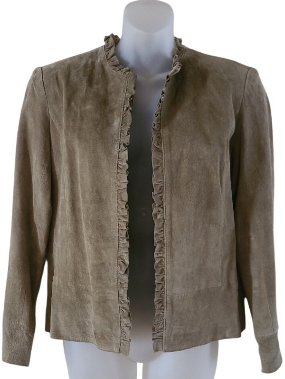 Vintage Chico's 100% Suede Leather Sage Green Open-Front Jacket Ruffle Trim Dets